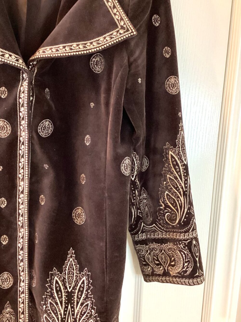 Nygard Collection Woman's Long Boho Embroidered Velvet Coat Chocolate Brown - Picture 3 of 9